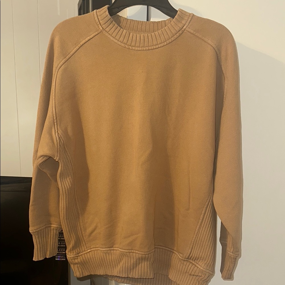 Aerie Tan Crewneck Sweater with Ribbed Detailing